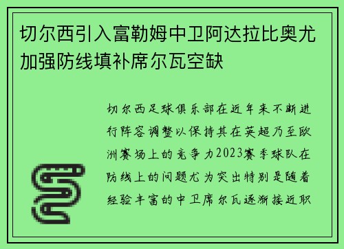 切尔西引入富勒姆中卫阿达拉比奥尤加强防线填补席尔瓦空缺