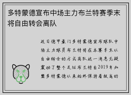 多特蒙德宣布中场主力布兰特赛季末将自由转会离队